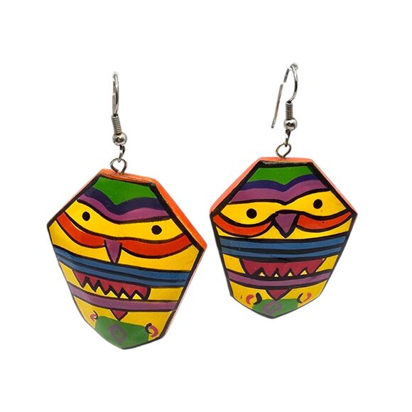Artisan Owl Earrings Pierced Bright Yellow Orange Green Multicolor Handpainted - Picture 1 of 8